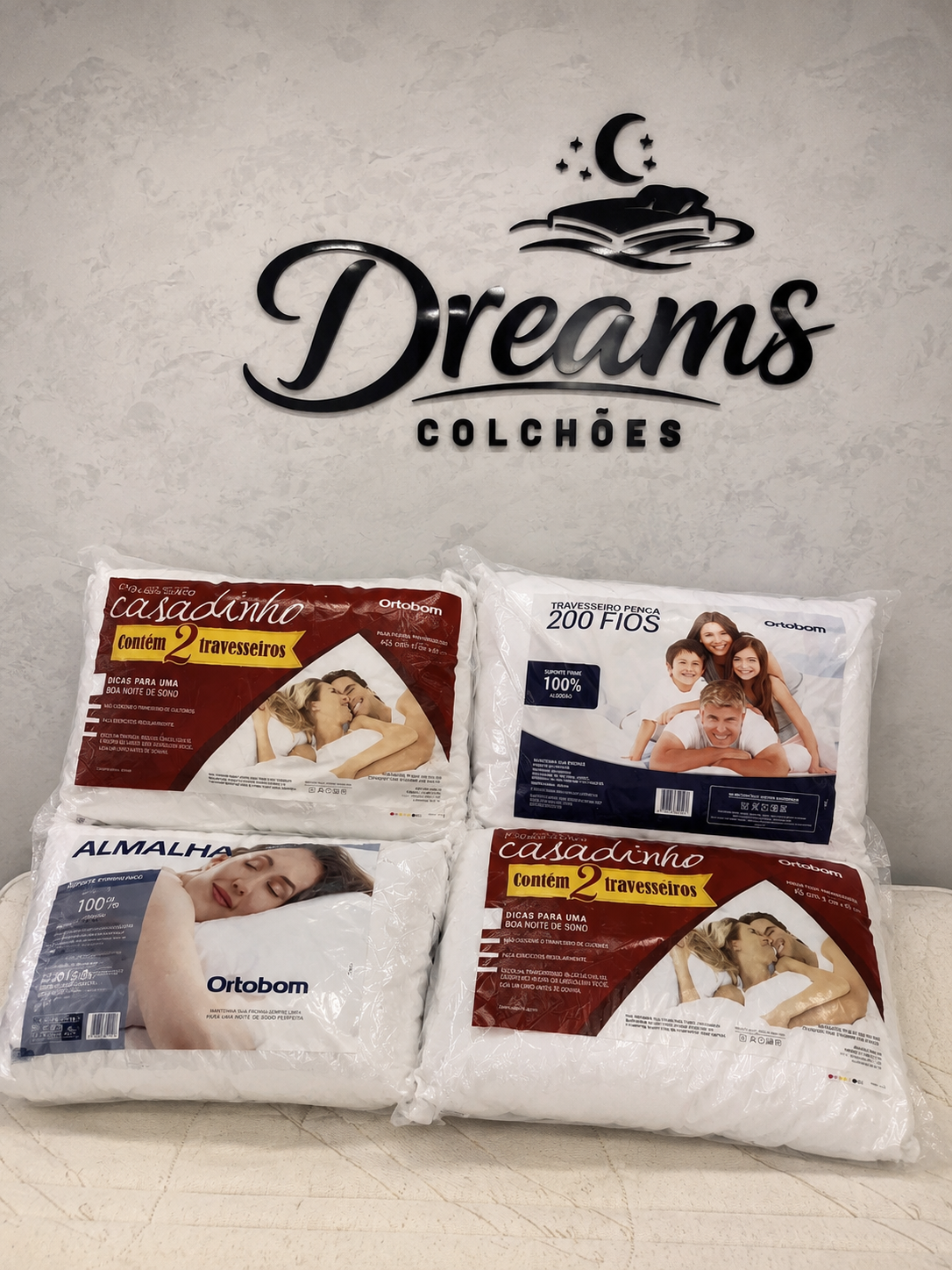Travesseiros Ortobom disponíveis na loja Dreams Colchões